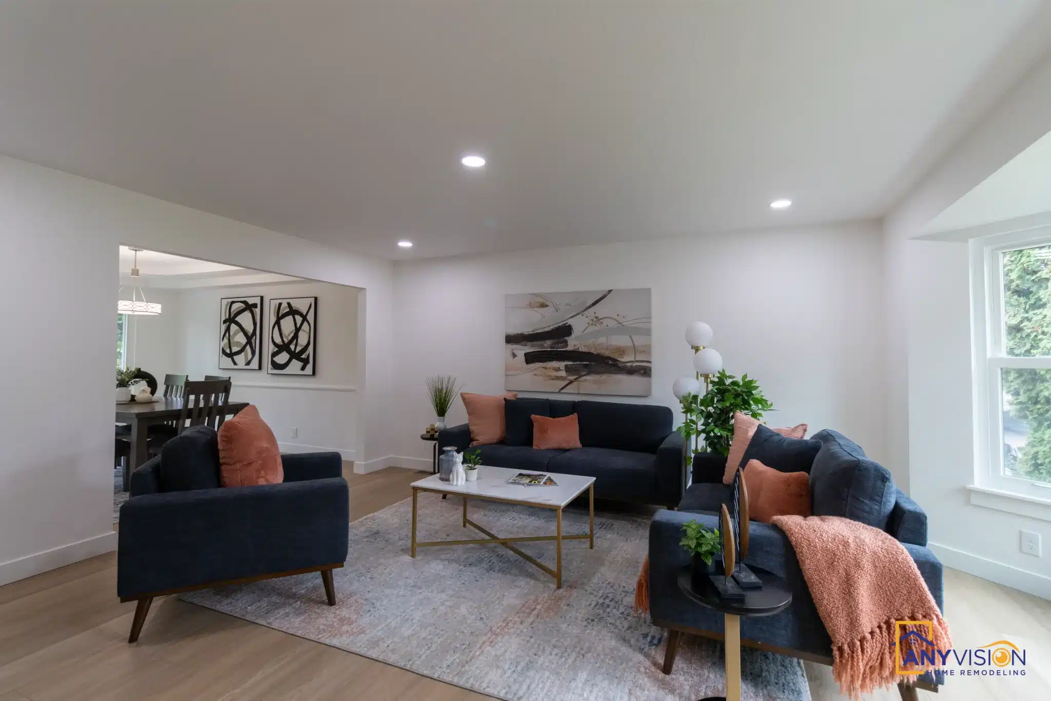 Living room seen from the dining end of the main floor