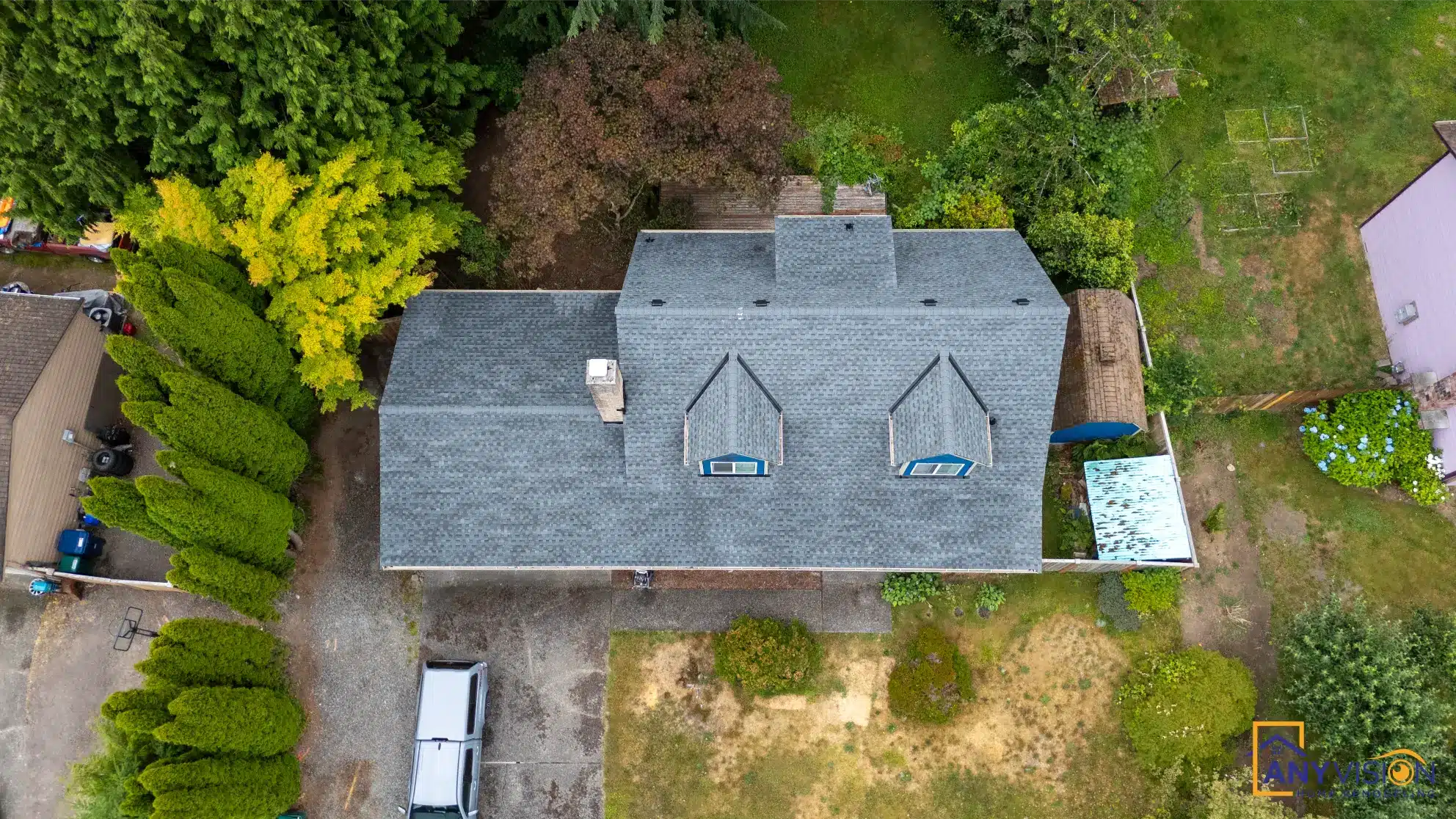 Overhead view of the house and garden