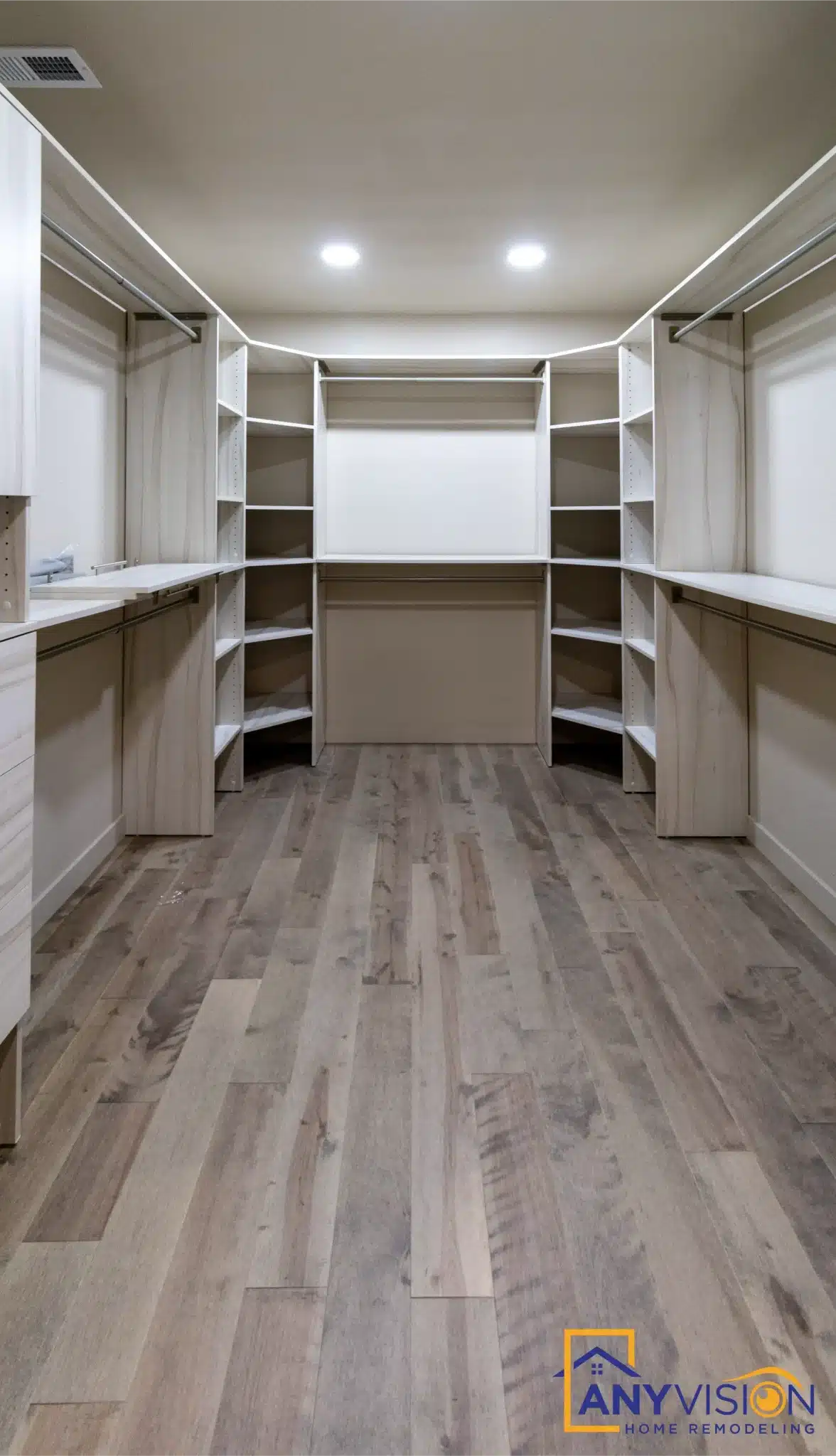 Walk-in closet shelving before fit-out of contents