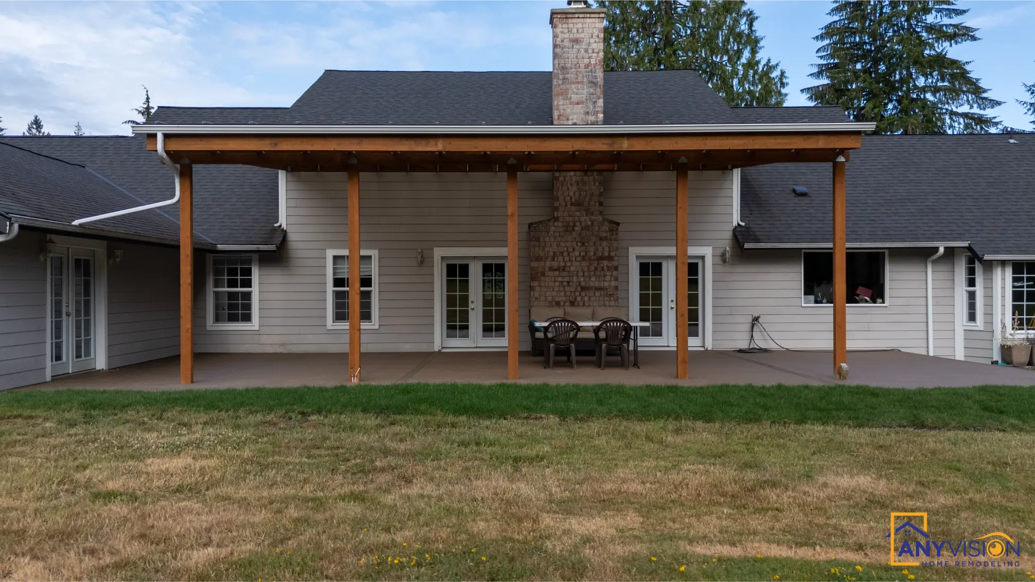 Covered deck with standing-seam metal roof and timber posts, Snohomish WA