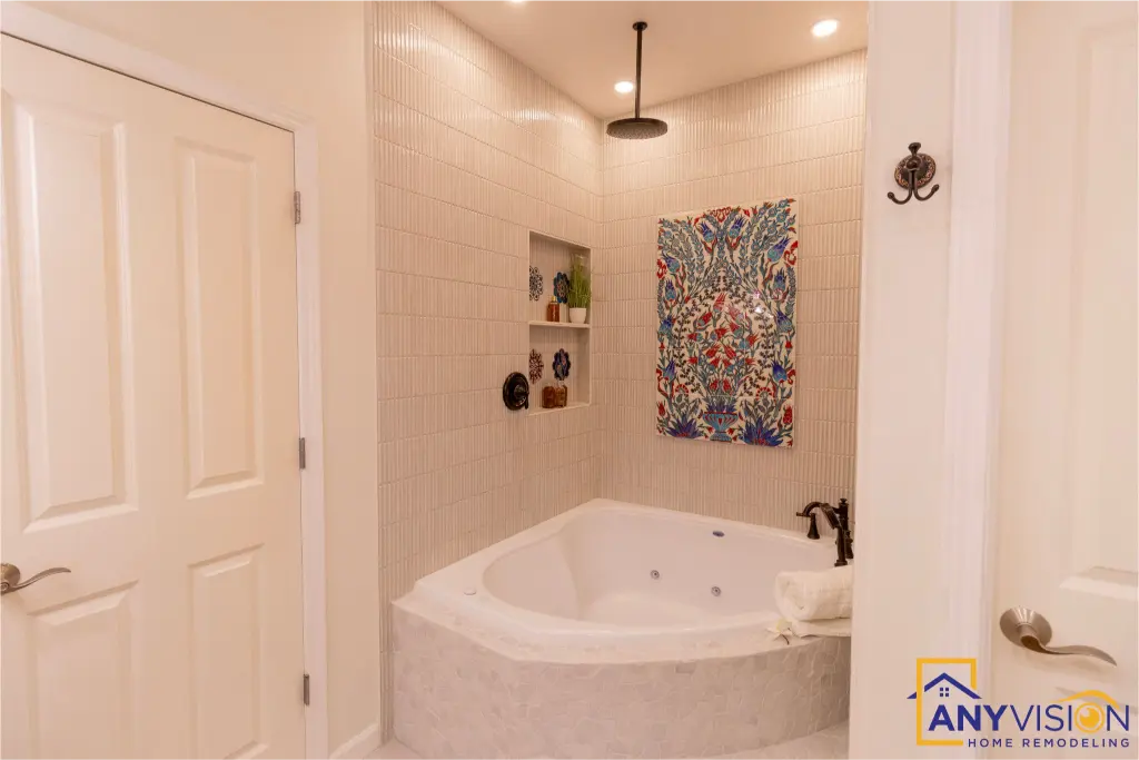 Corner soaking tub with rainfall shower head above