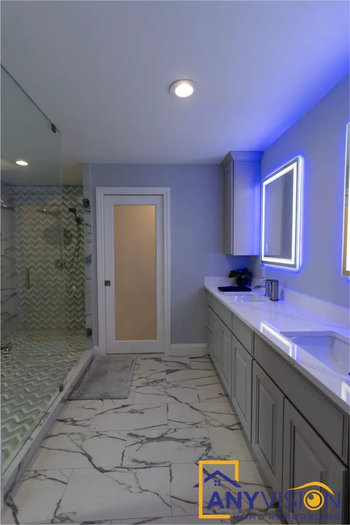 View down the length of the bathroom to the shower