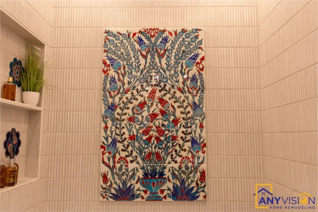 Full-height decorative tile mural beside the built-in display niches