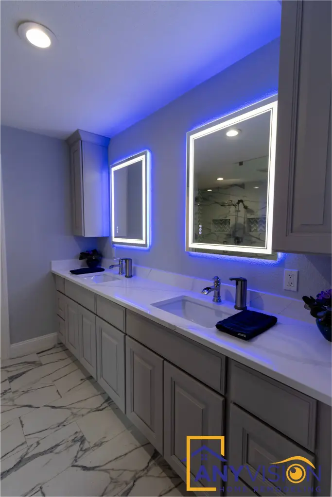 Vanity run seen with the cove lighting washing the ceiling