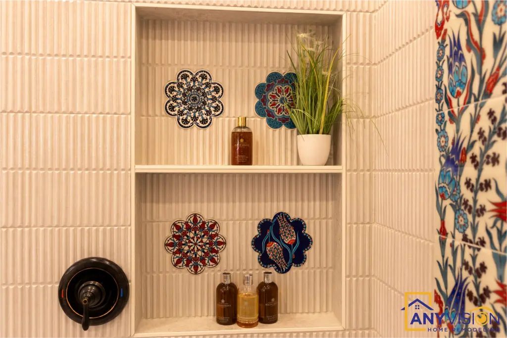 Built-in display niches beside the decorative tile panel