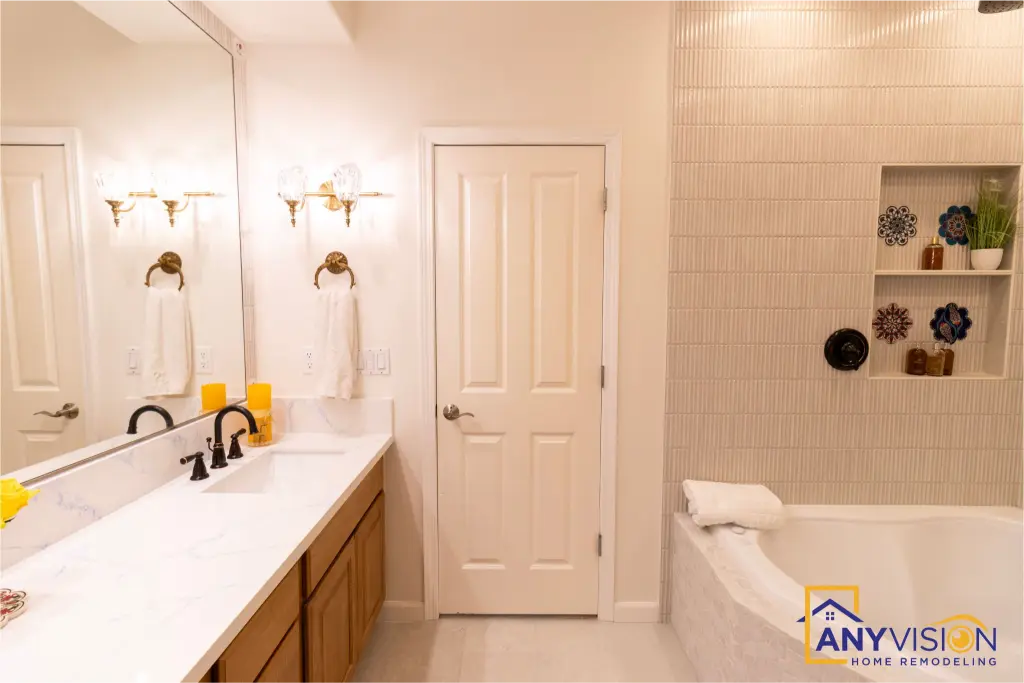 Bellevue bathroom remodel with decorative tile mural and corner tub