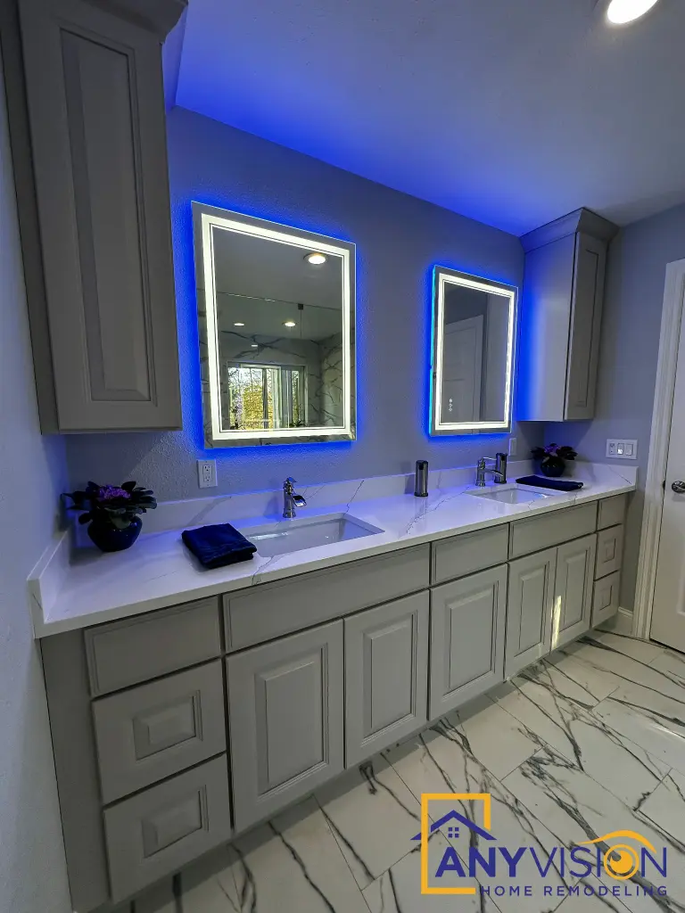 Chevron mosaic floor running through to the vanity run