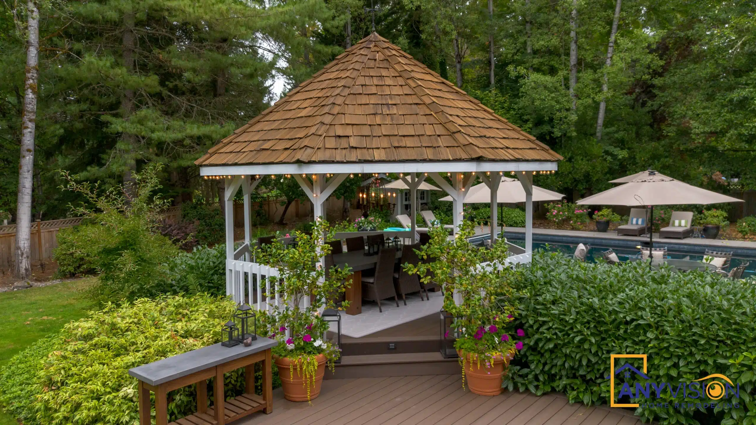 Gazebo and dining setting with the garden beyond
