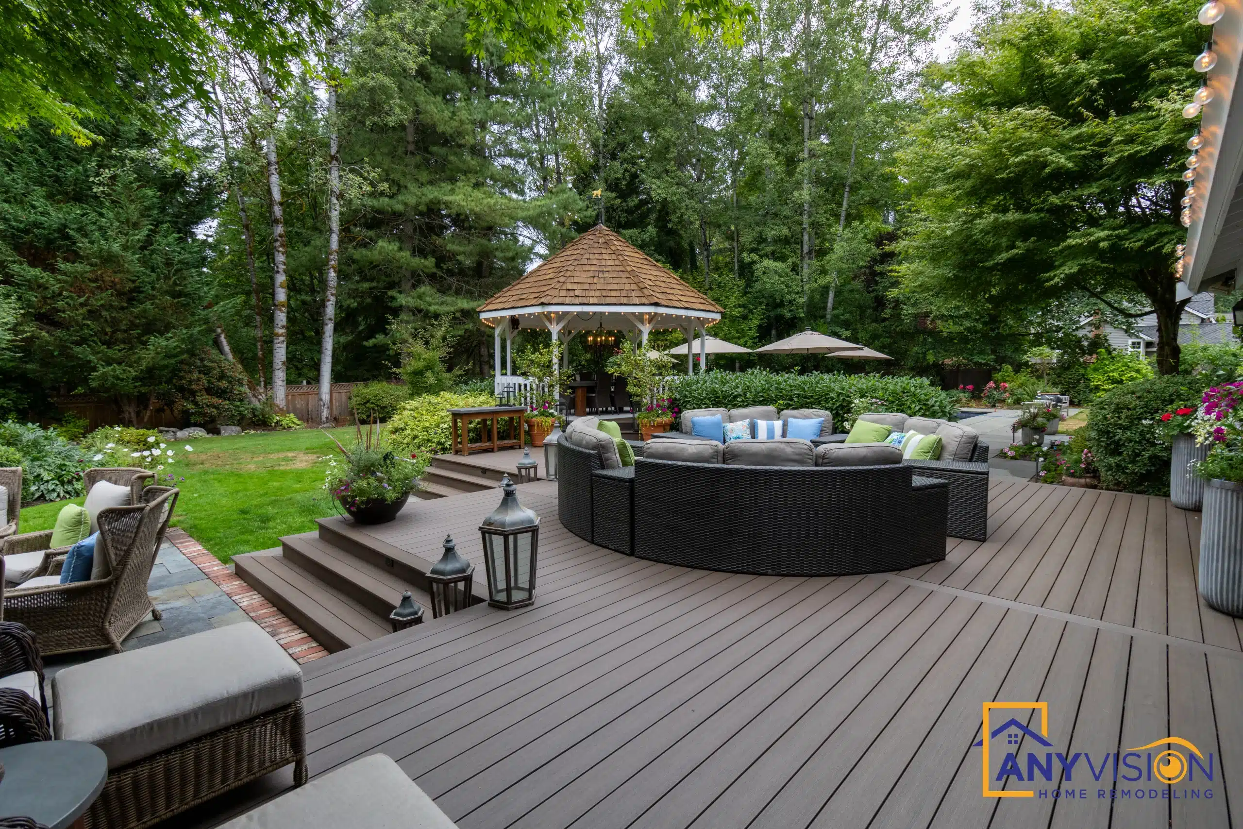 Multi-level composite deck with covered gazebo built by Anyvision in Woodinville, WA
