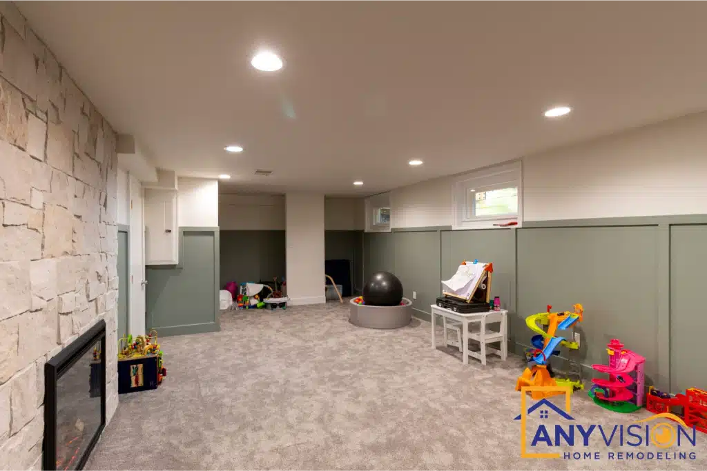 Reconfigured open-concept basement with clear sightlines through the level