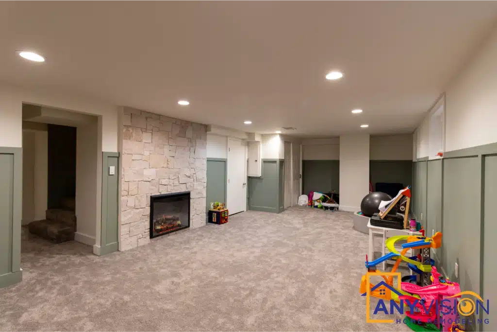 Open-concept basement floor plan with the fireplace as its focal point