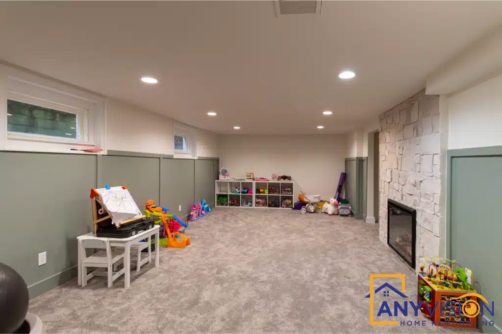 Finished basement living area completed by Anyvision in Seattle