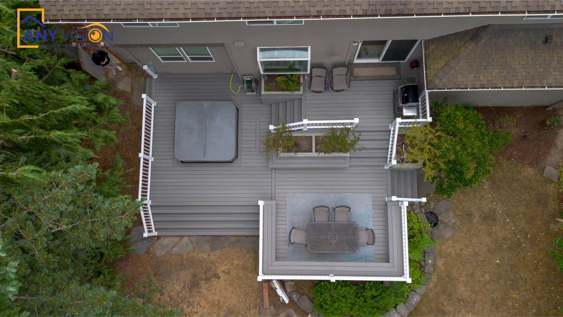 Overhead view of the finished multi-level deck and surrounding garden