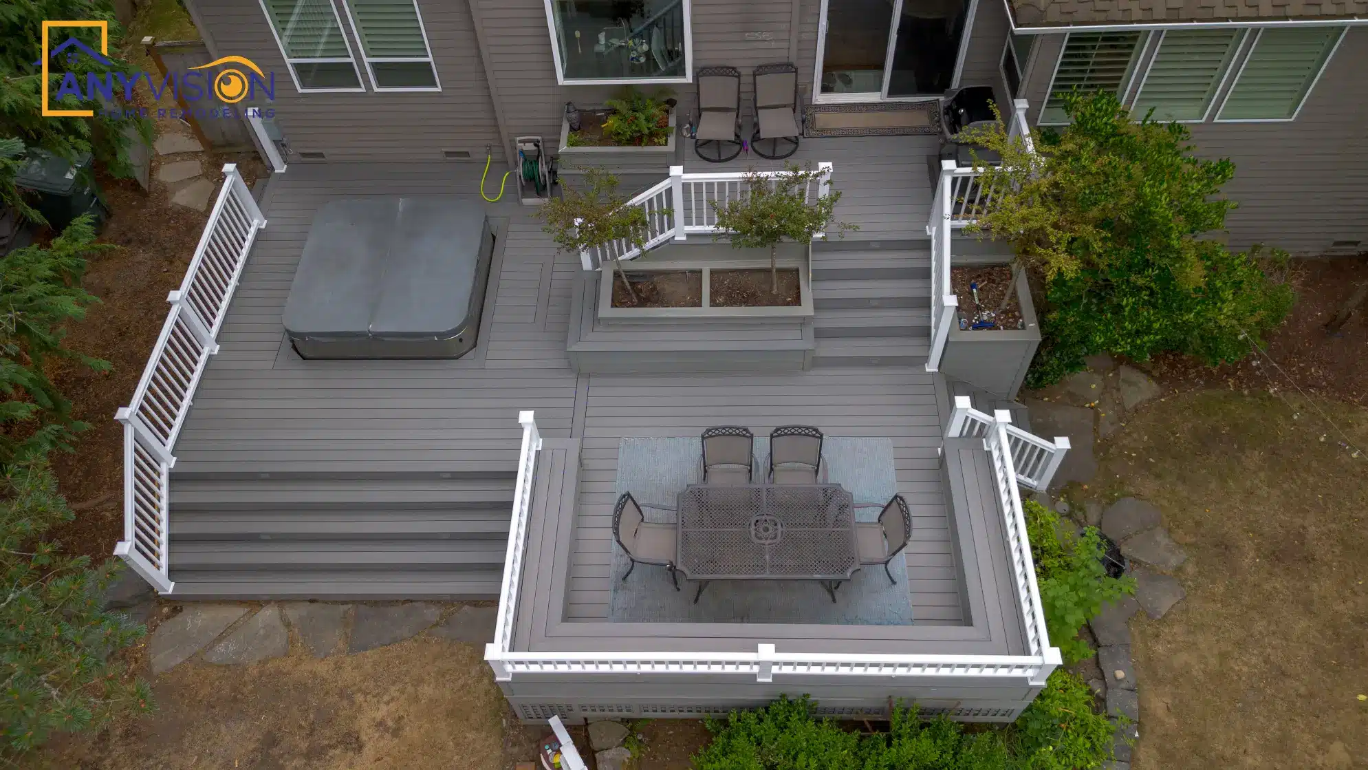 Aerial view showing the stair run and dining terrace