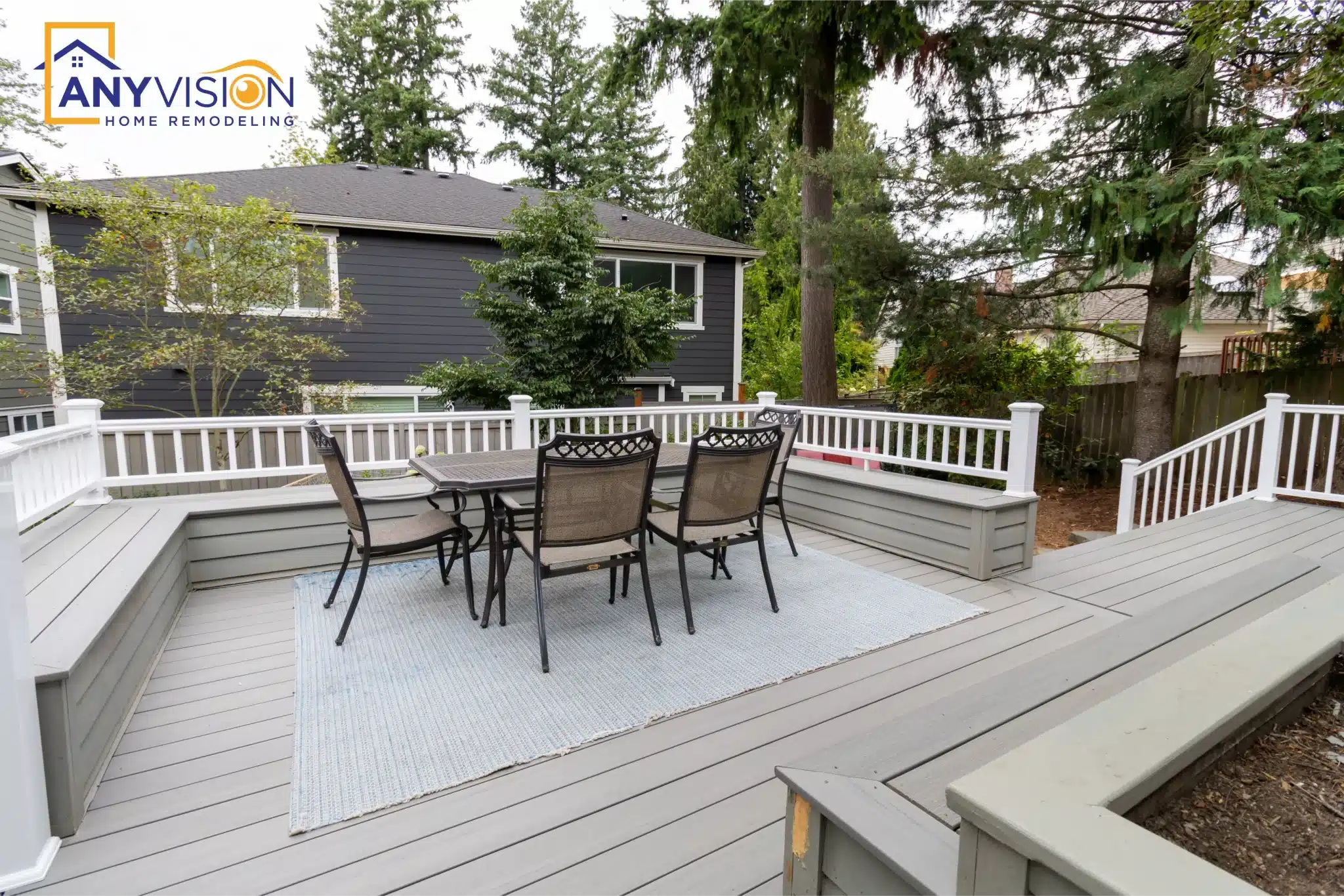 Dining set on the upper deck level with white railings