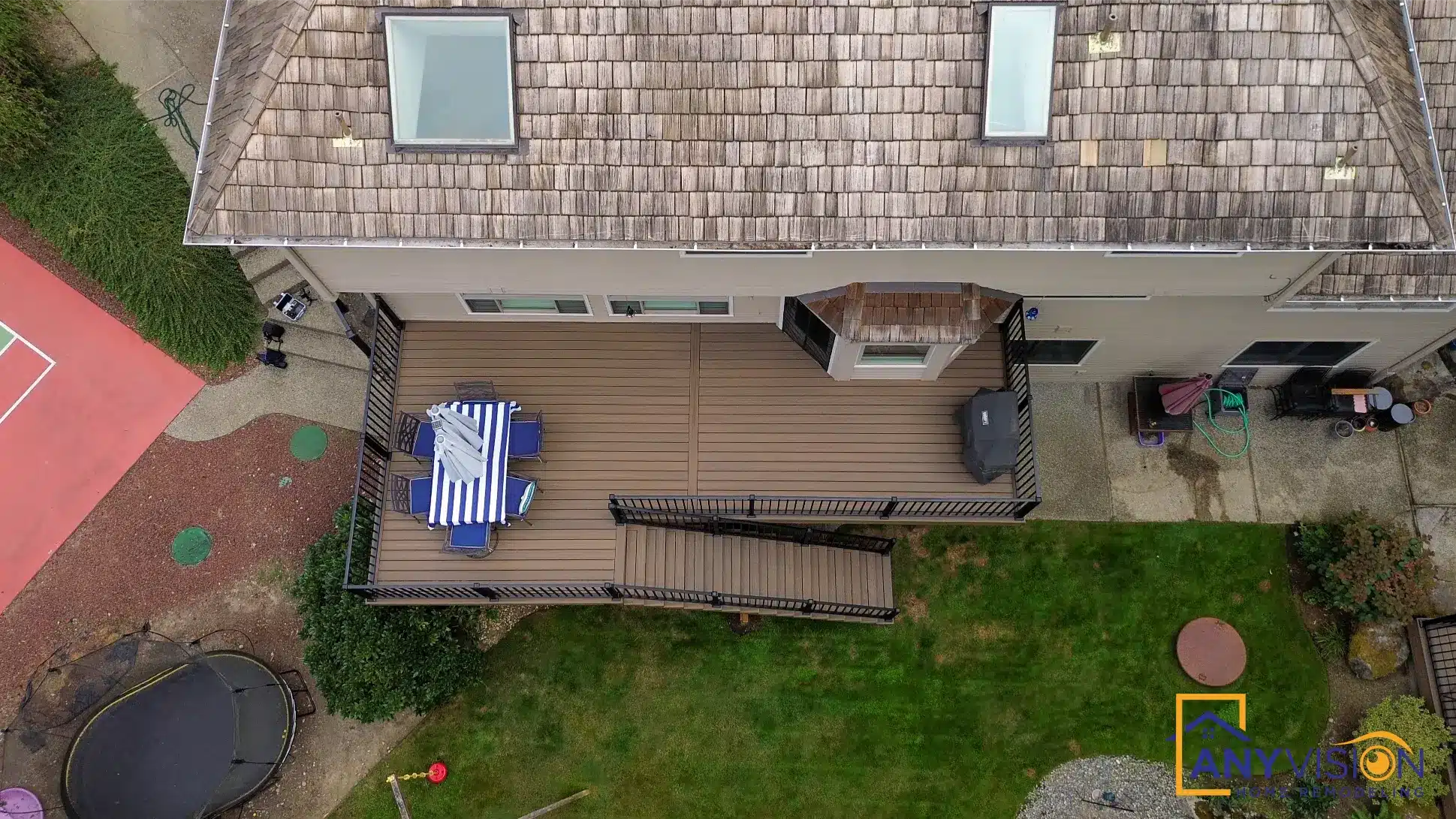 Overhead view of the house, deck and garden