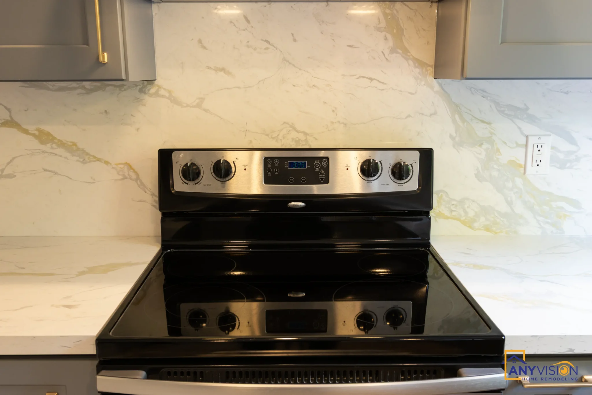 Range and slab backsplash seen straight on