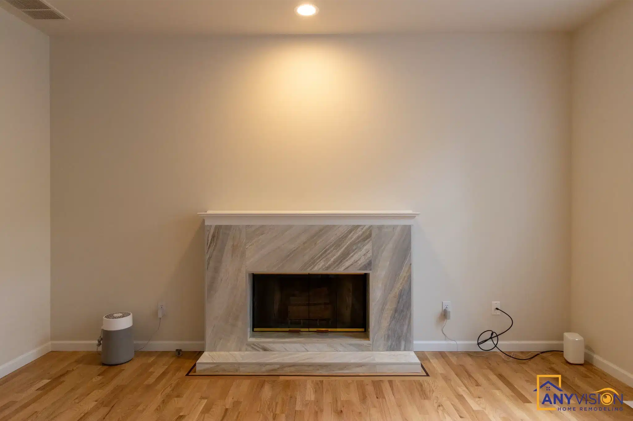 Marble fireplace surround in the adjoining living space
