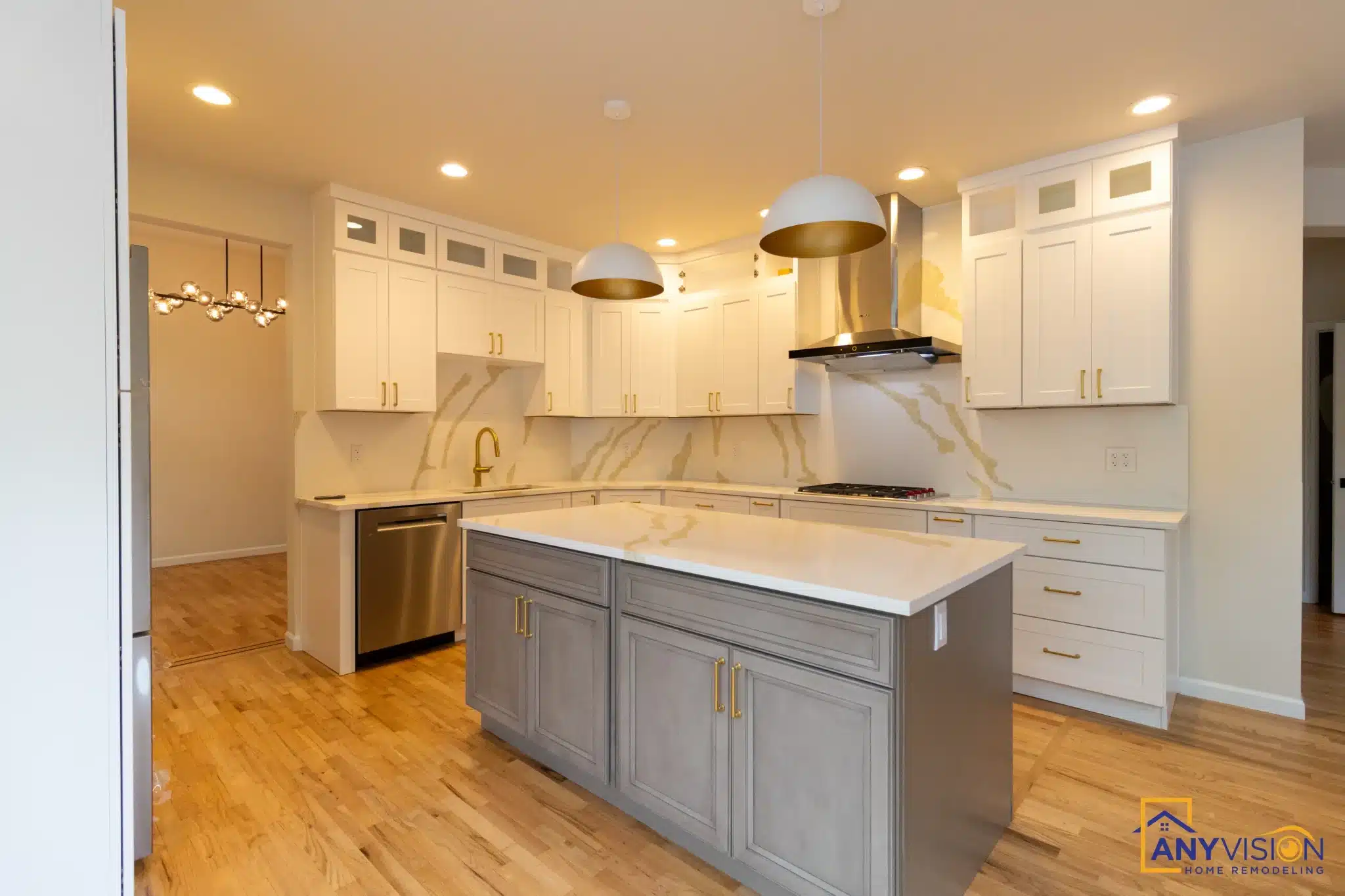 Kitchen island and range wall seen from the hallway