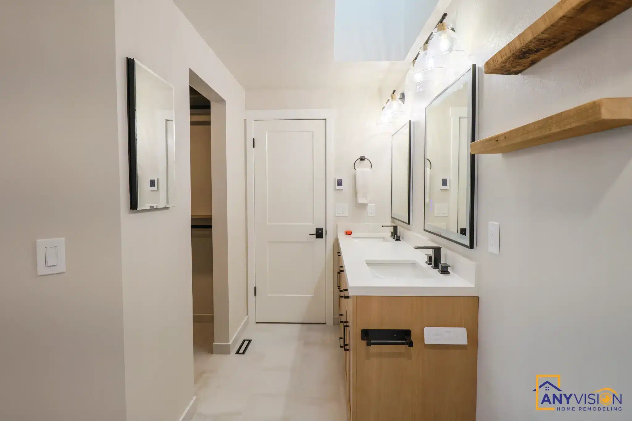 View through to the vanity run and open shelving
