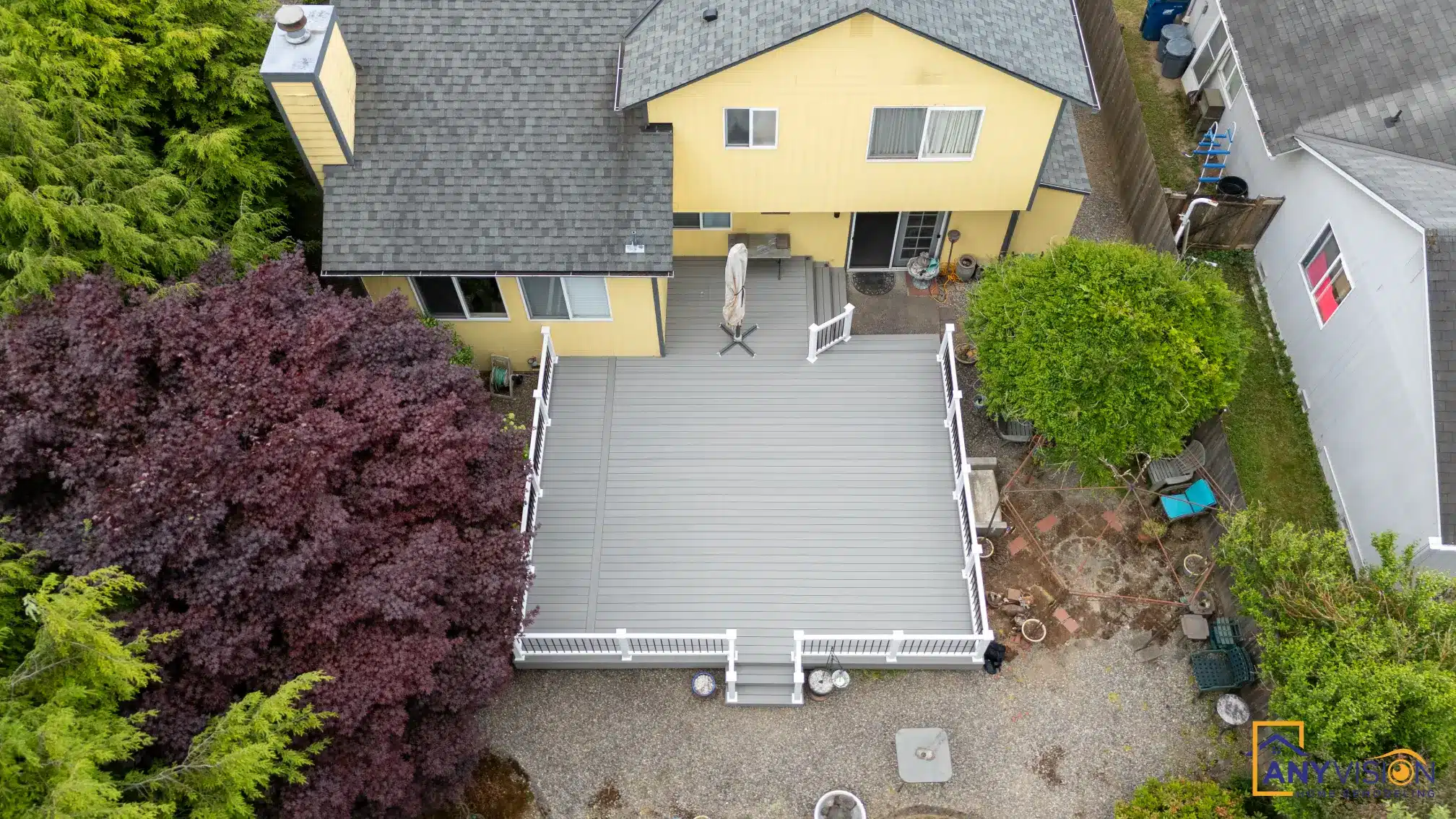 Angled aerial view of the rebuilt deck and the paved area beneath it