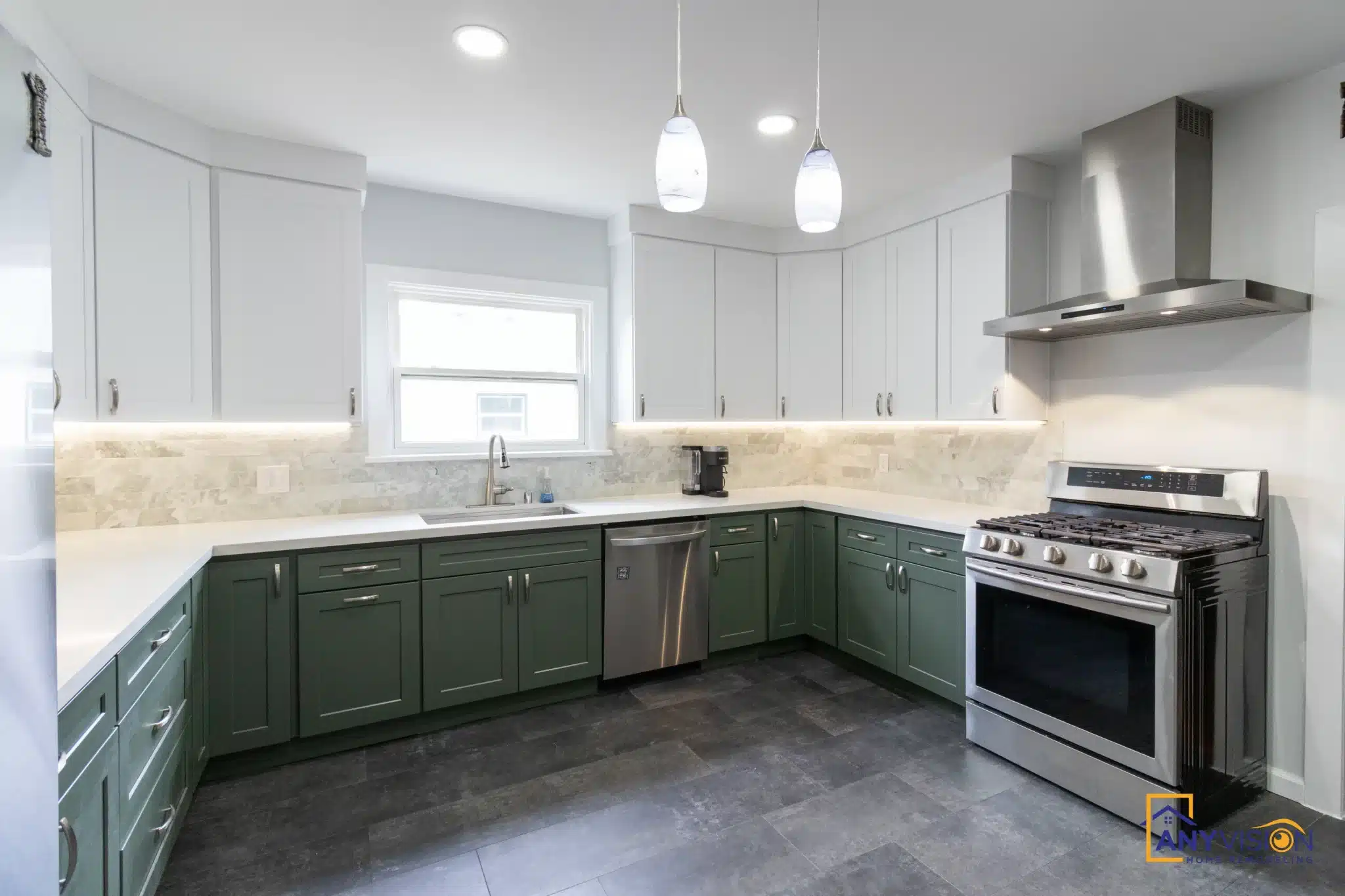 Full view of the finished kitchen with the range wall and window