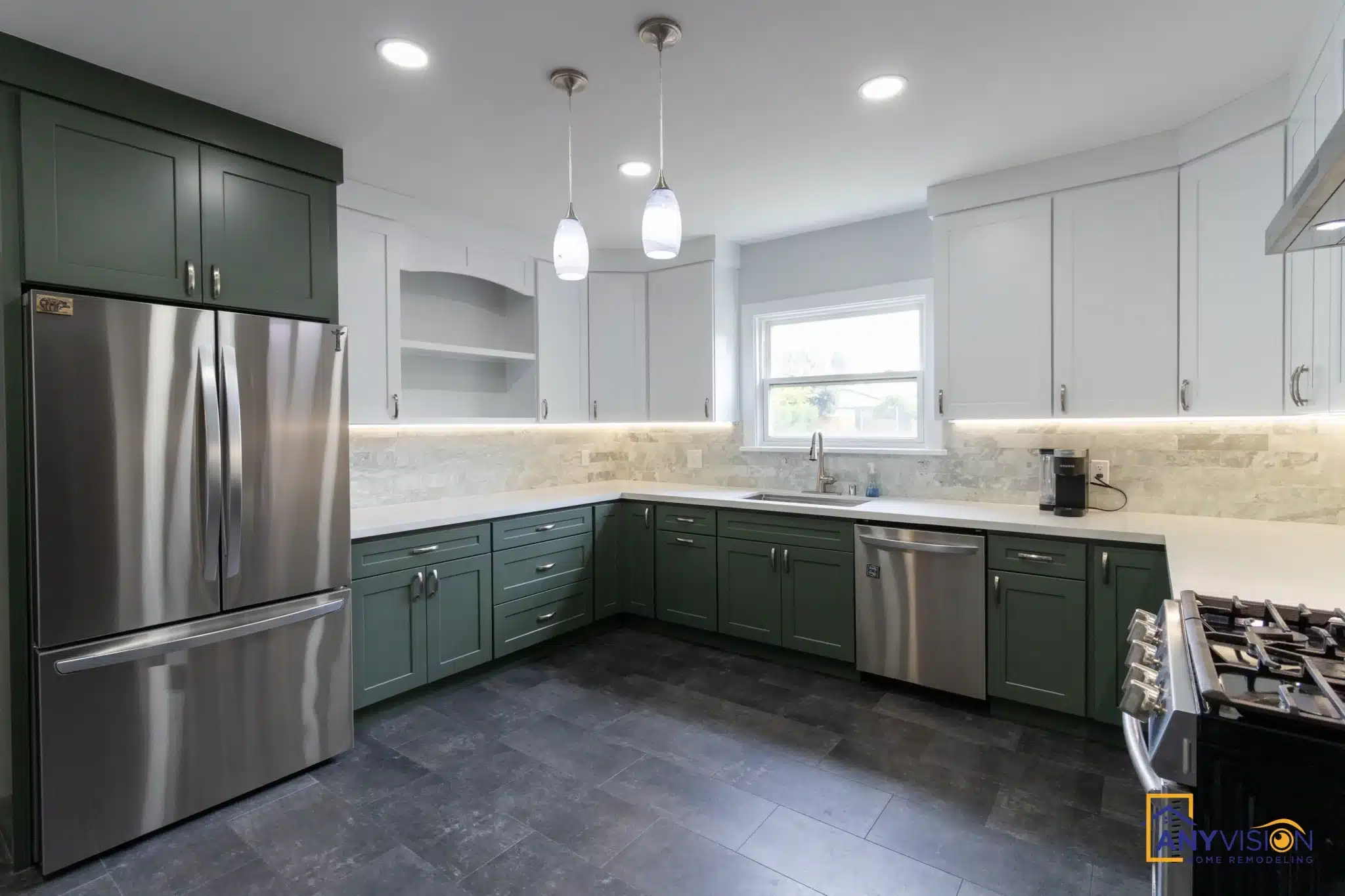 Two-tone kitchen with green base cabinets and white uppers, Riverside Everett