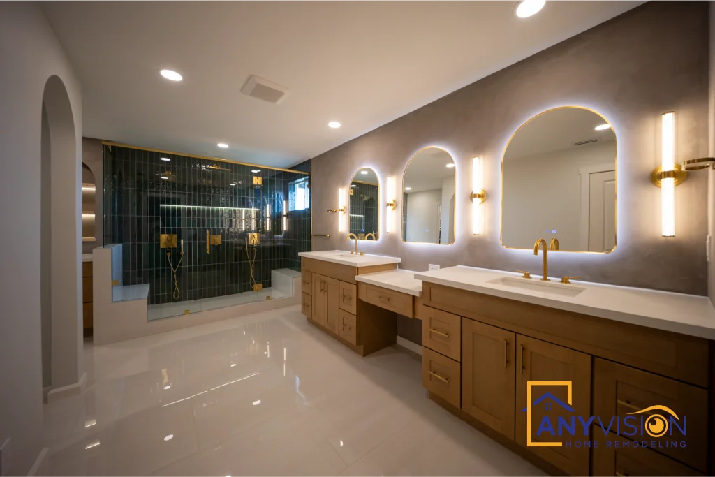 Vanity and mirrors along the length of the room