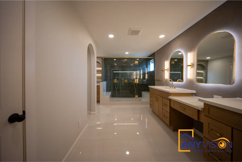 View from the doorway across the finished bathroom
