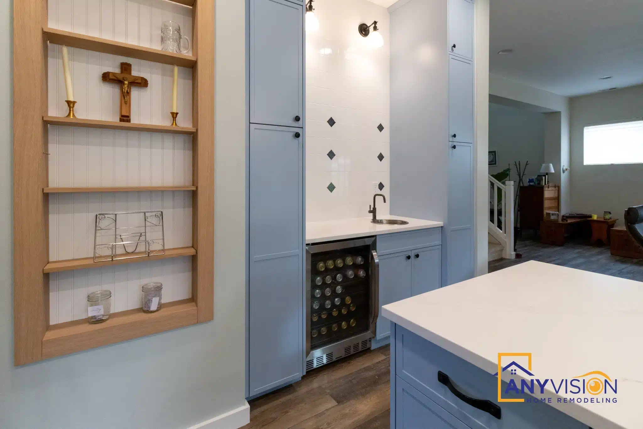Peg rail and open timber shelving above the beverage counter