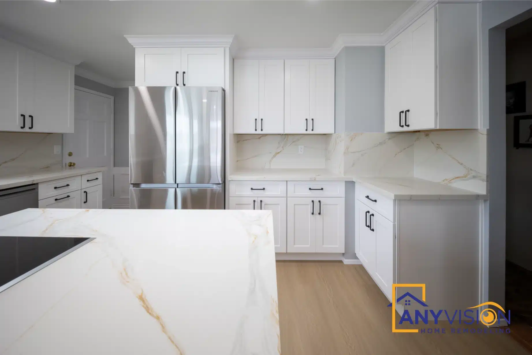 Kitchen seen from the far end of the island