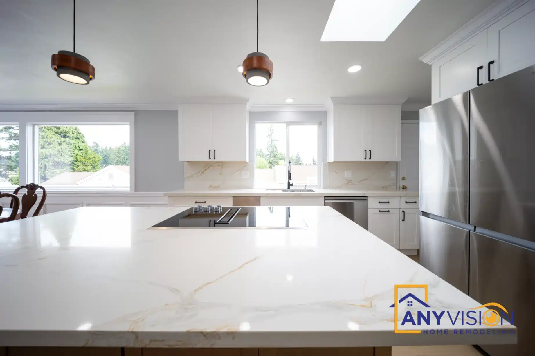 Induction cooktop set into the island with the window beyond