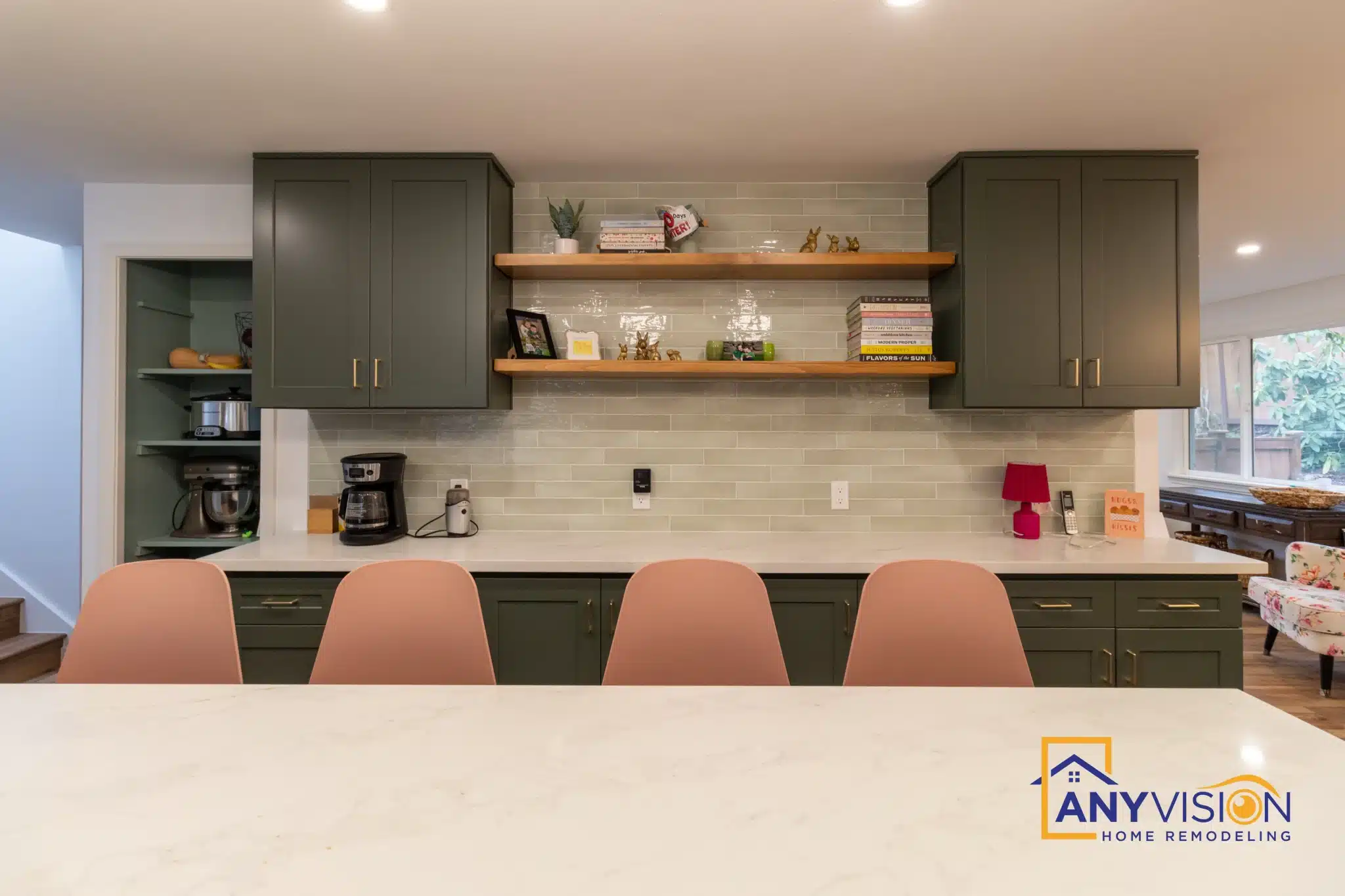 Open timber shelving above the counter with the stacked tile backsplash behind
