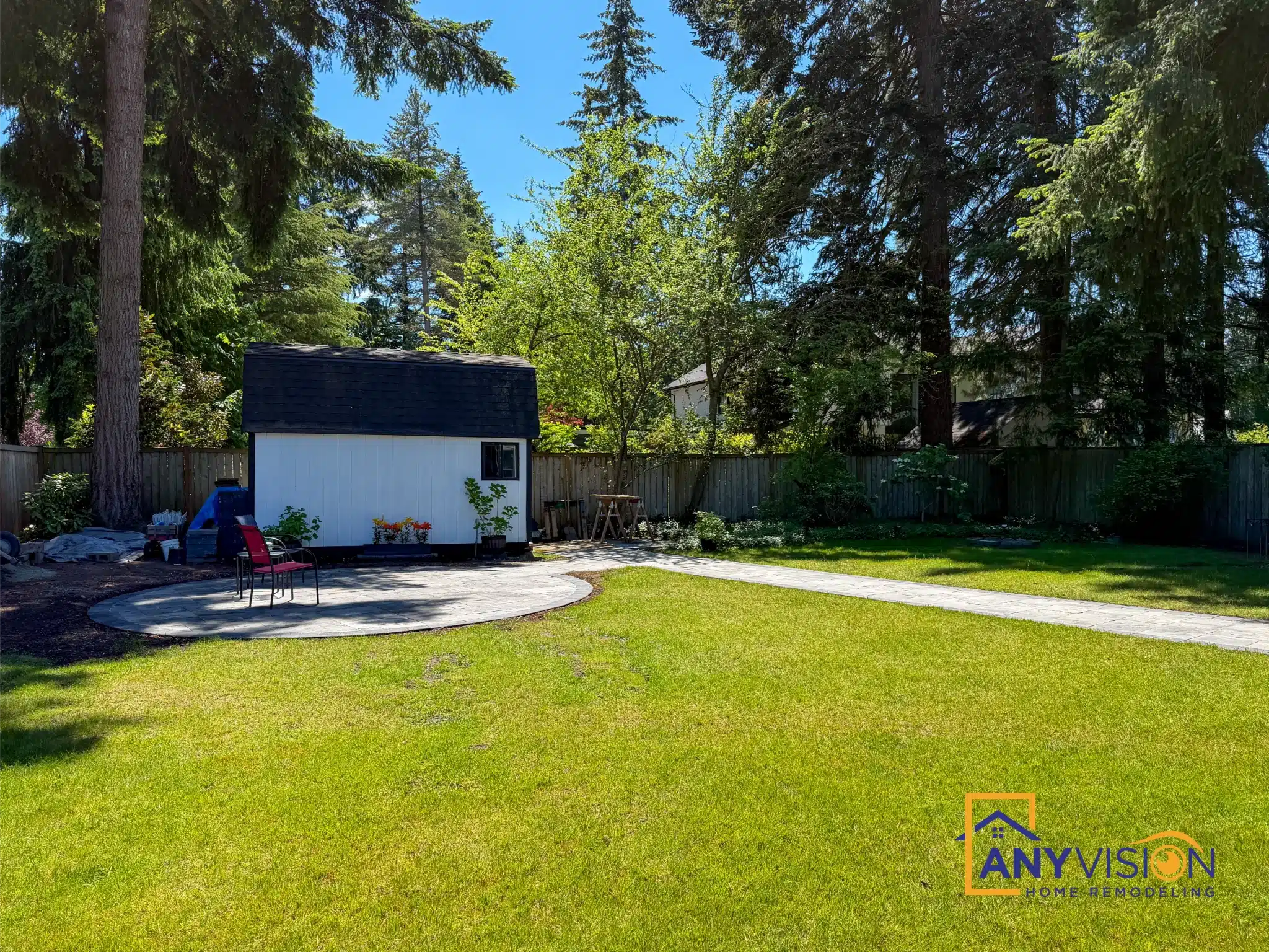 Patio and walkway set flush with the surrounding lawn level
