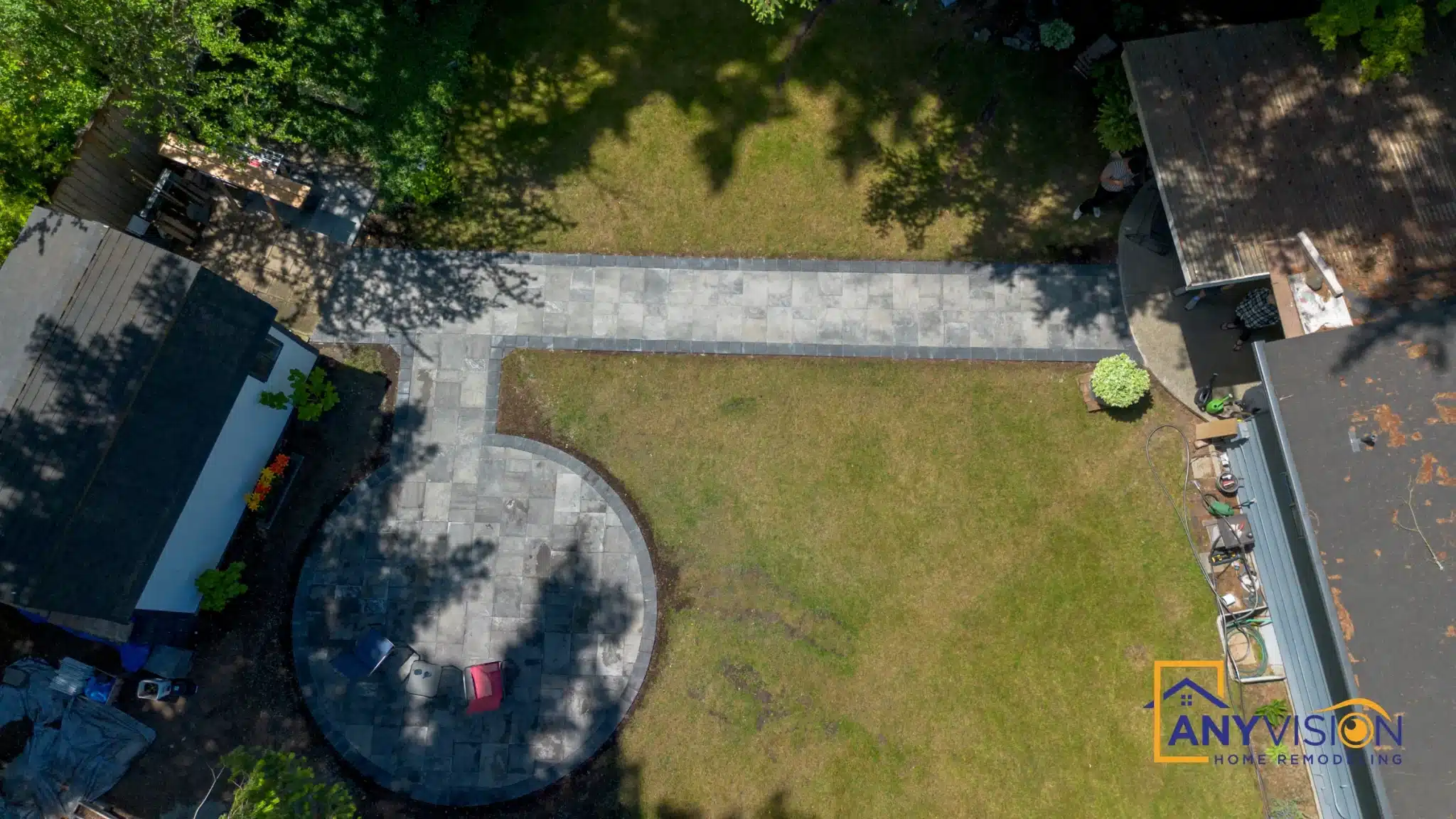Aerial view of the patio, walkway and lawn across the whole garden