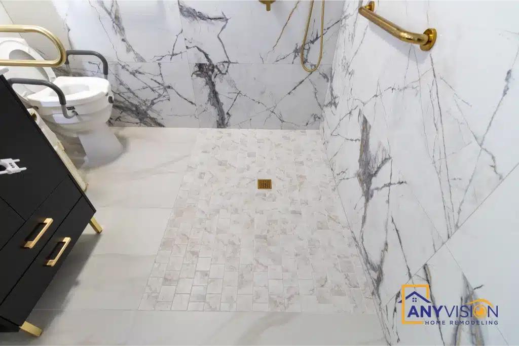 Roll-in shower with no step at the threshold and brass grab bar alongside