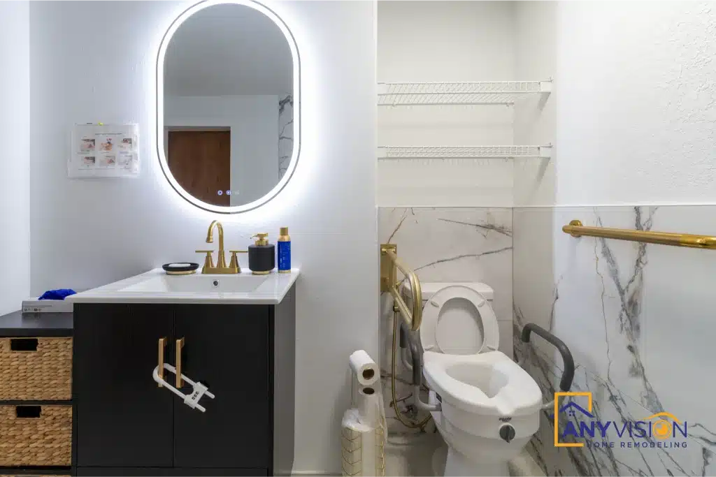 Bathroom with wall-hung vanity, backlit oval mirror and open shelving