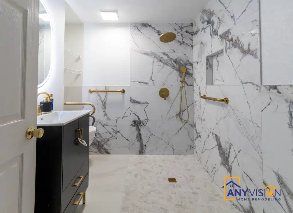 Shower and vanity seen together across the bathroom