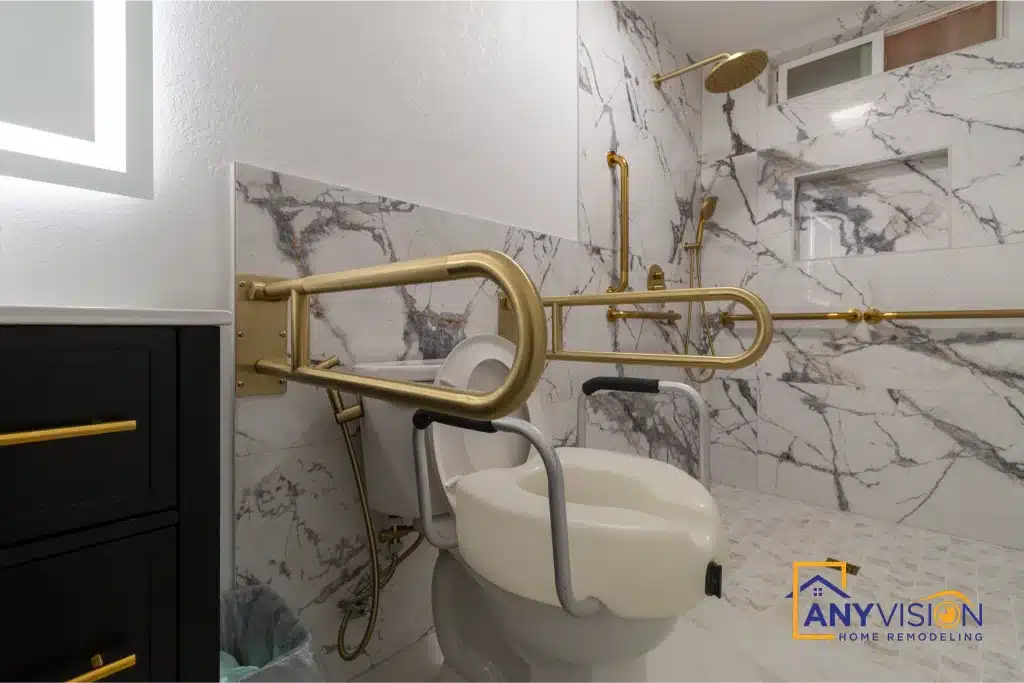 Toilet with brass fold-down and wall-mounted grab rails either side