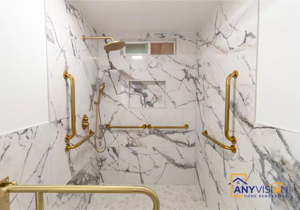 Shower zone with grab bars at the control and head end walls