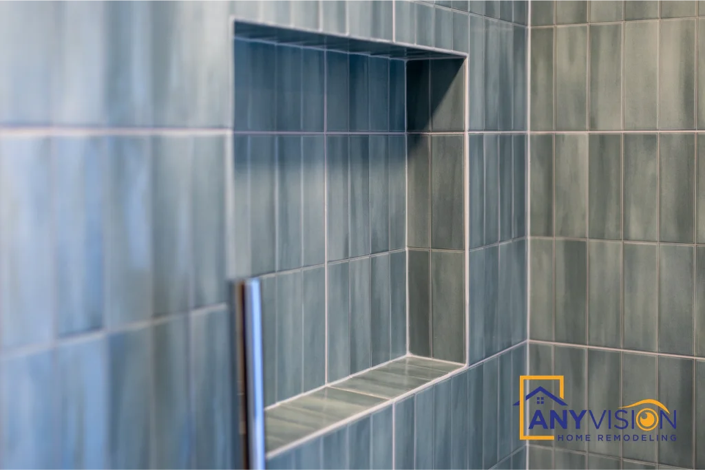 Recessed niche detail set into the tiled shower wall