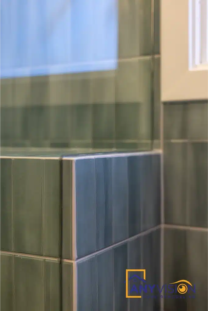 Close detail of the handmade-look tile edge and corner