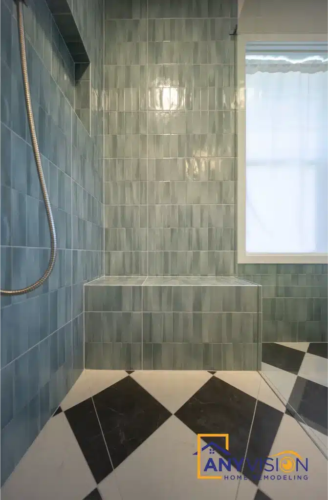 Shower looking down to the checkerboard floor