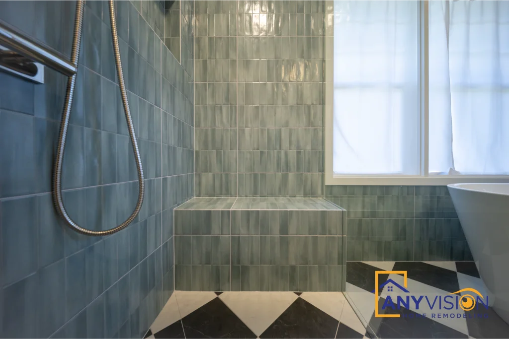 Shower bench and grab rail beneath the window