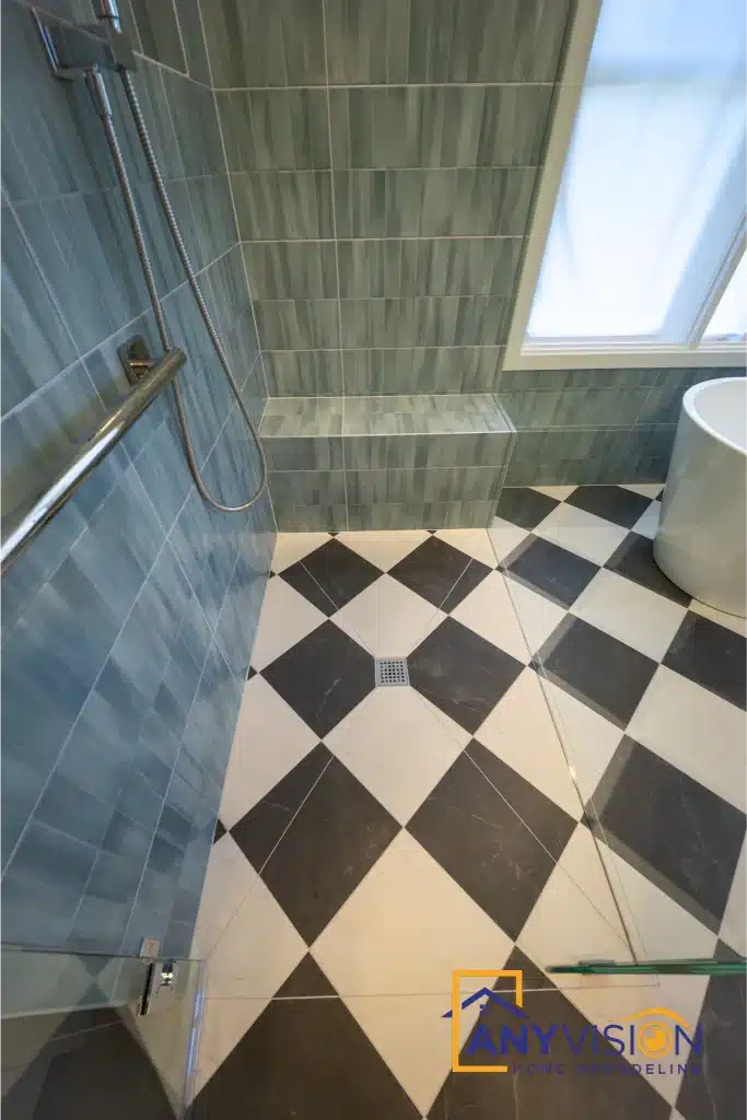 Checkerboard floor running through to the shower