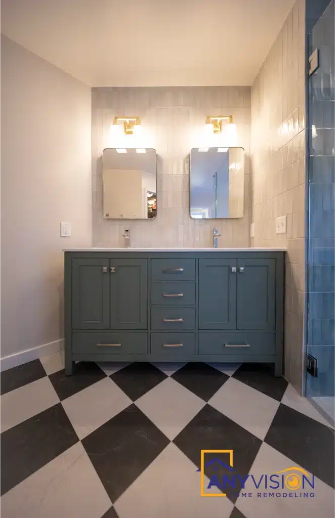 Vanity wall with sconces and mirrors from the doorway