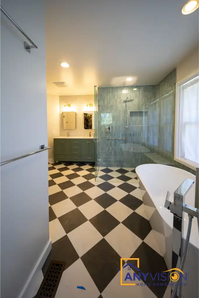 Shower, tub and floor seen together across the room
