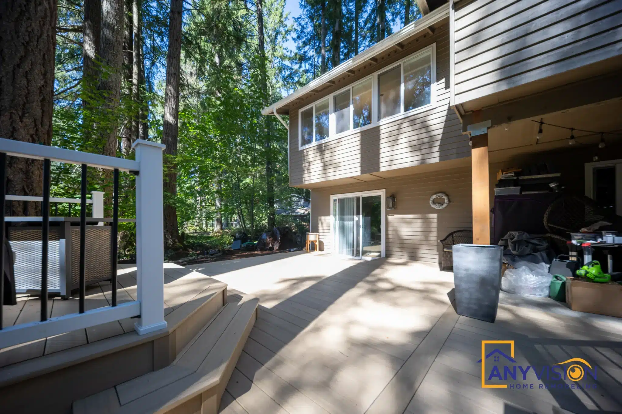 Multi-level deck spanning the rear elevation of a Redmond home