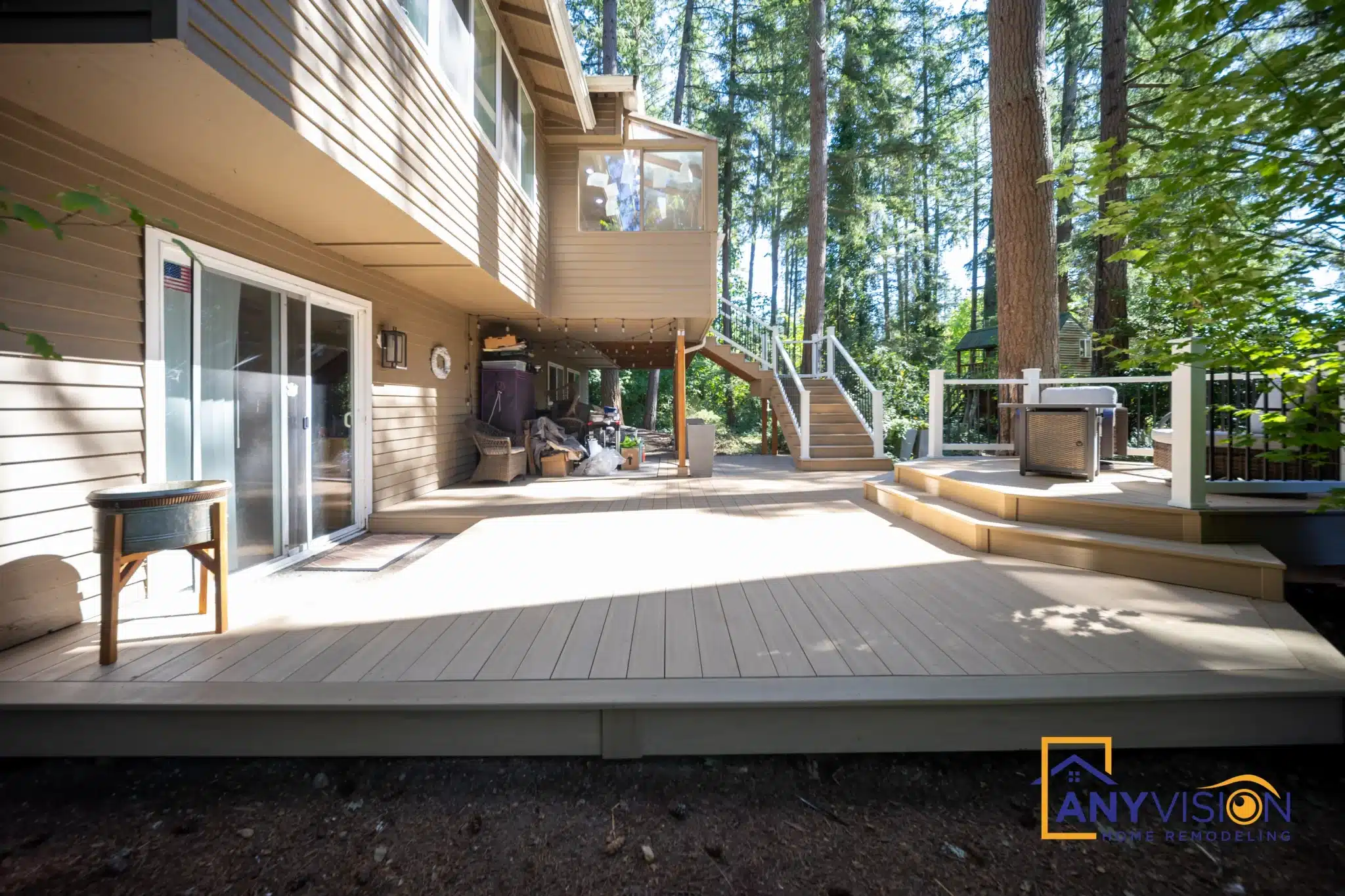 Lower deck platform stepping down toward the garden