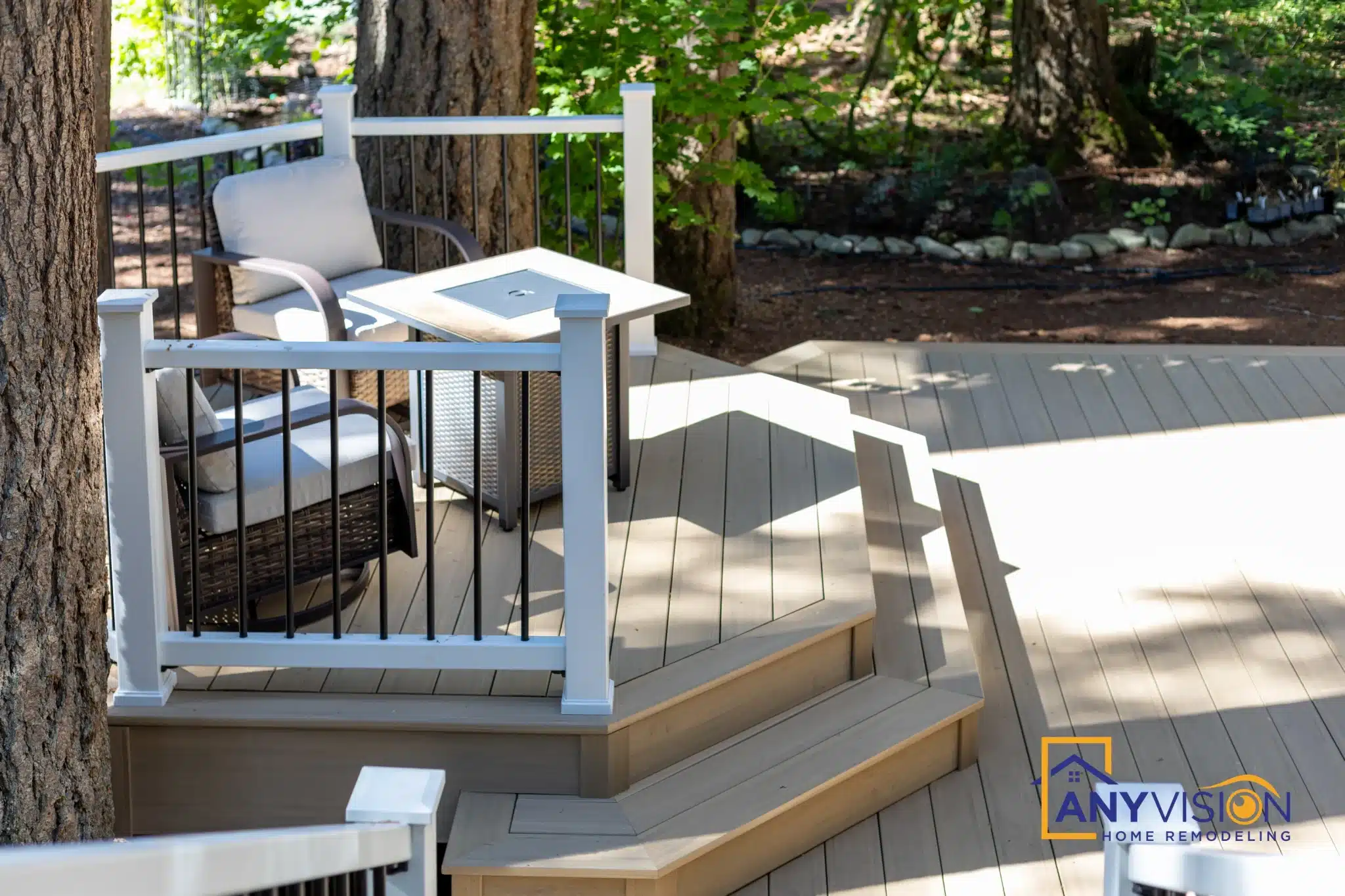 Seating area on the deck beside the steps down